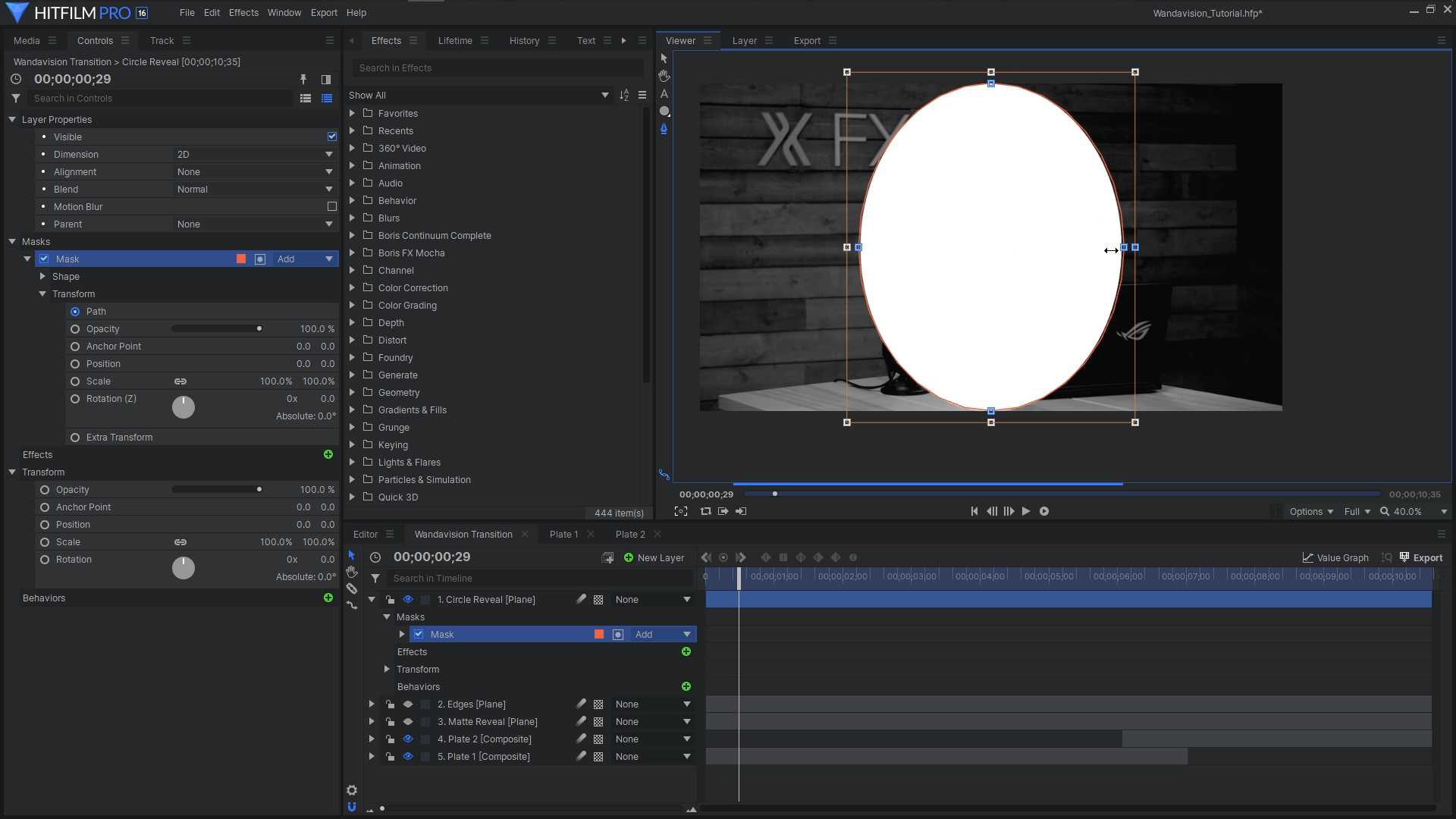HitFilm Pro interface - reality glitch effect - using a mask
