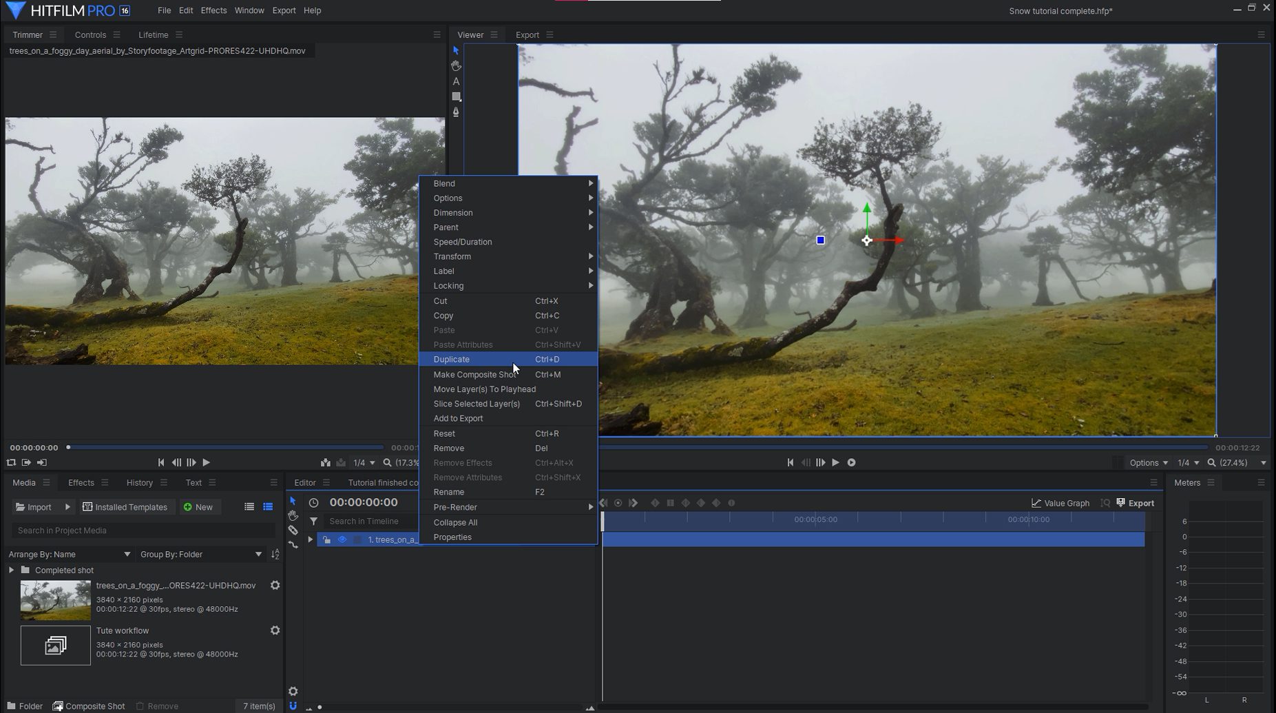 Duplicating-the-footage HitFilm Pro interface - raw footage to turn into a snowy scene VFX tutorial